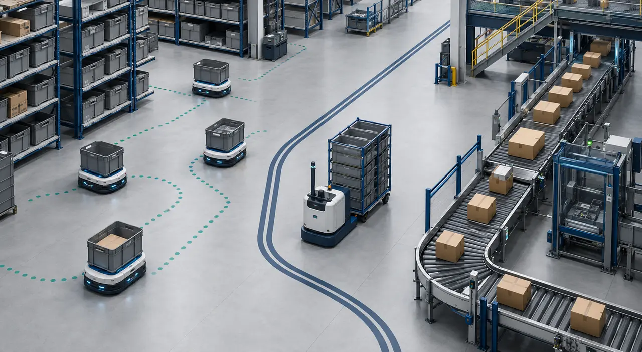 Comparison of autonomous mobile robots, an automated guided vehicle and a conveyor system in a warehouse