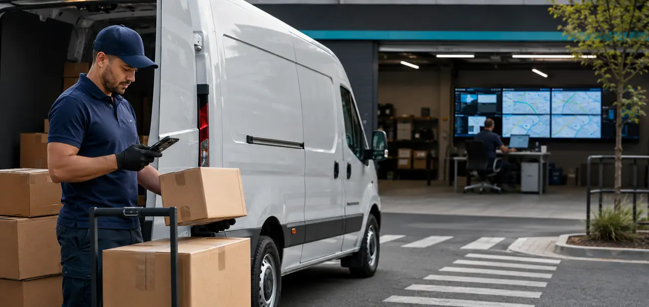 Delivery driver scanning a parcel with a last-mile delivery app beside a dispatch hub