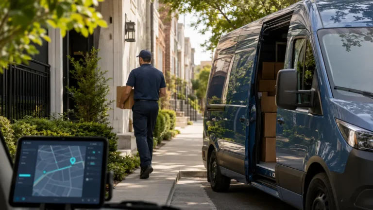 Delivery driver completing a last-mile parcel delivery from an electric van