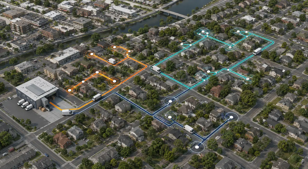 Optimized last-mile delivery routes connecting a local hub with clustered customer stops