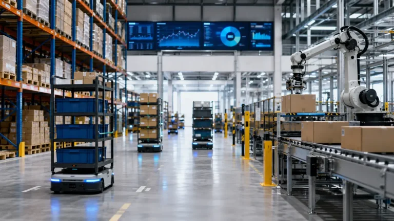 Autonomous mobile robots and robotic arms operating in a modern automated warehouse