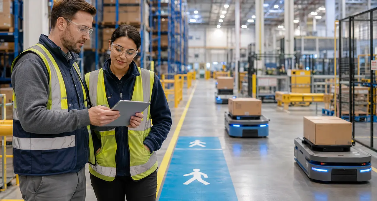Warehouse operations team reviewing automation performance while mobile robots operate safely nearby
